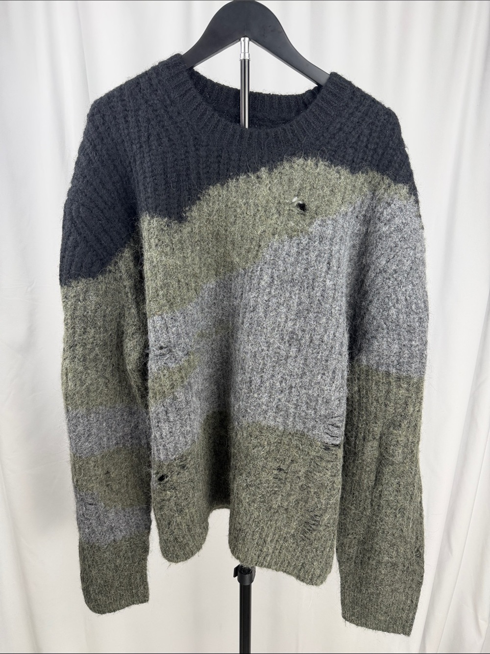 AllSaints Sur Crew Distressed Alpaca Wool Sweater Green Black XXL NWOT - Picture 2 of 11